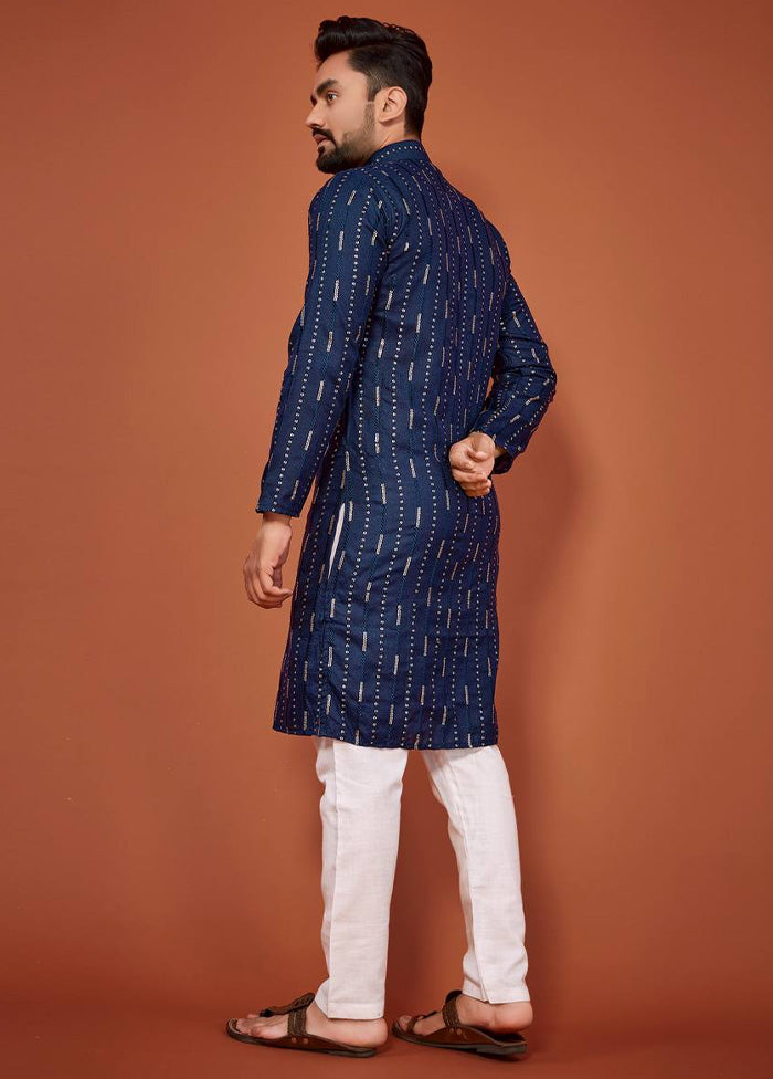 Navy Blue Cotton Kurta And Pajama Set Cheap Free Shipping