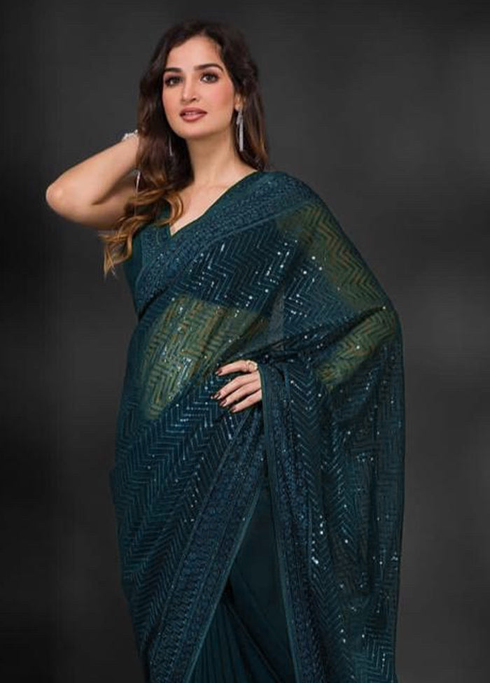 Teal Georgette Saree With Blouse Piece Buy Cheap Clearance Store