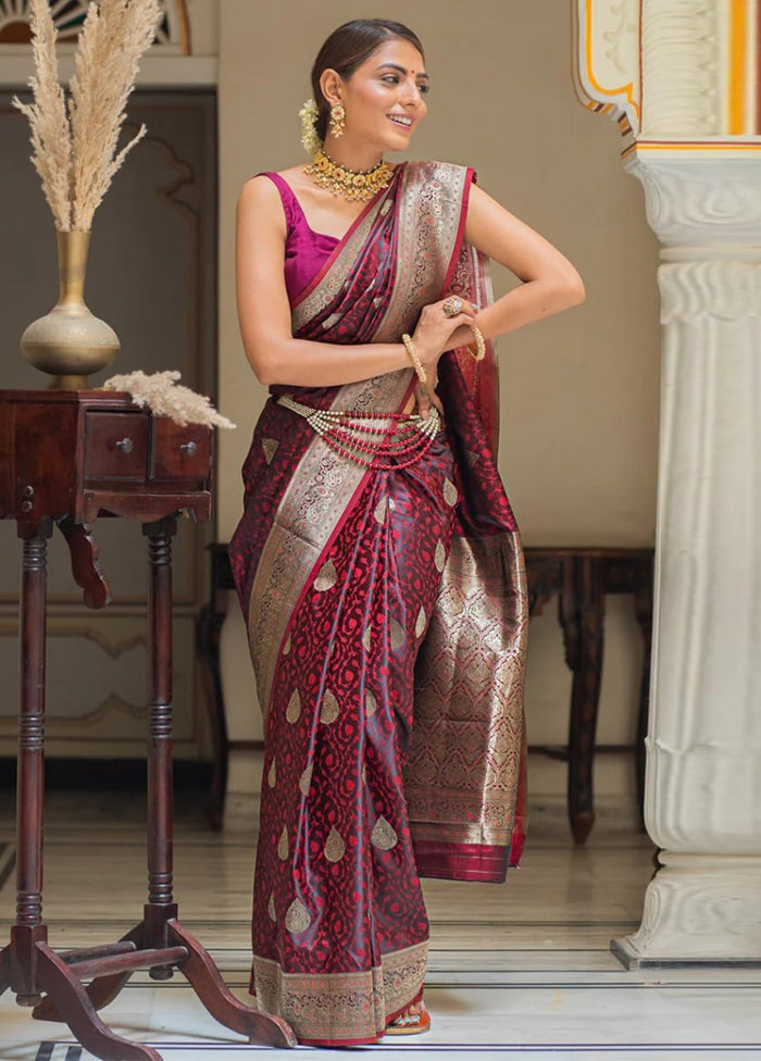 Maroon Banarasi Silk Saree With Blouse Piece View