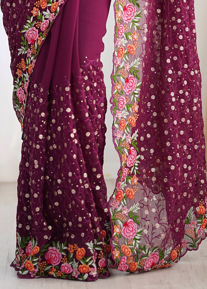 Wine Georgette Saree With Blouse Piece Official Site