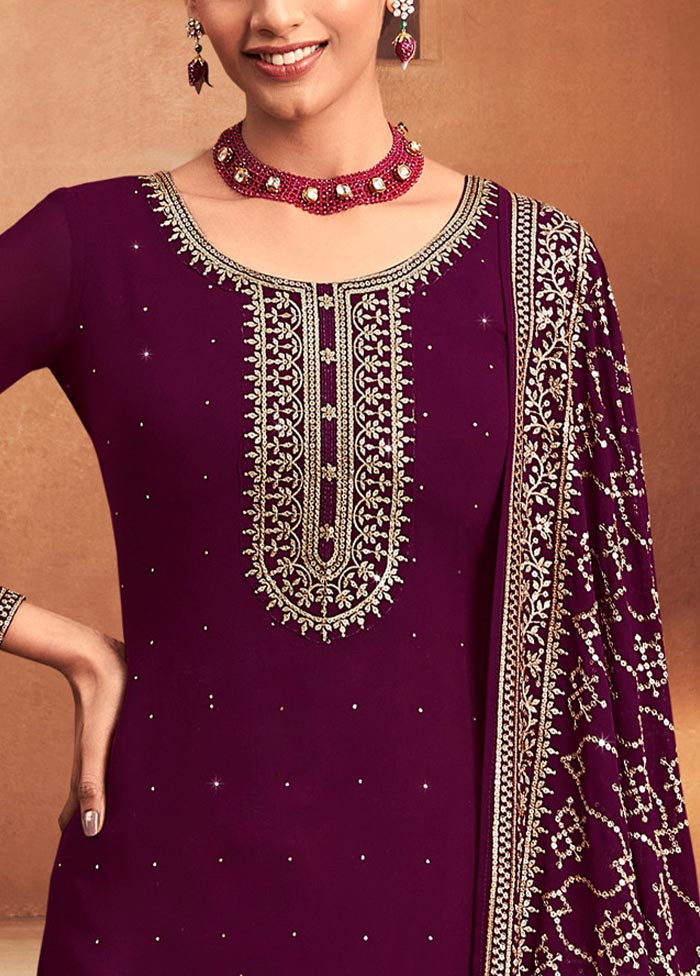 3 Pc Burgundy Semi Stitched Georgette Suit Set Visit Online