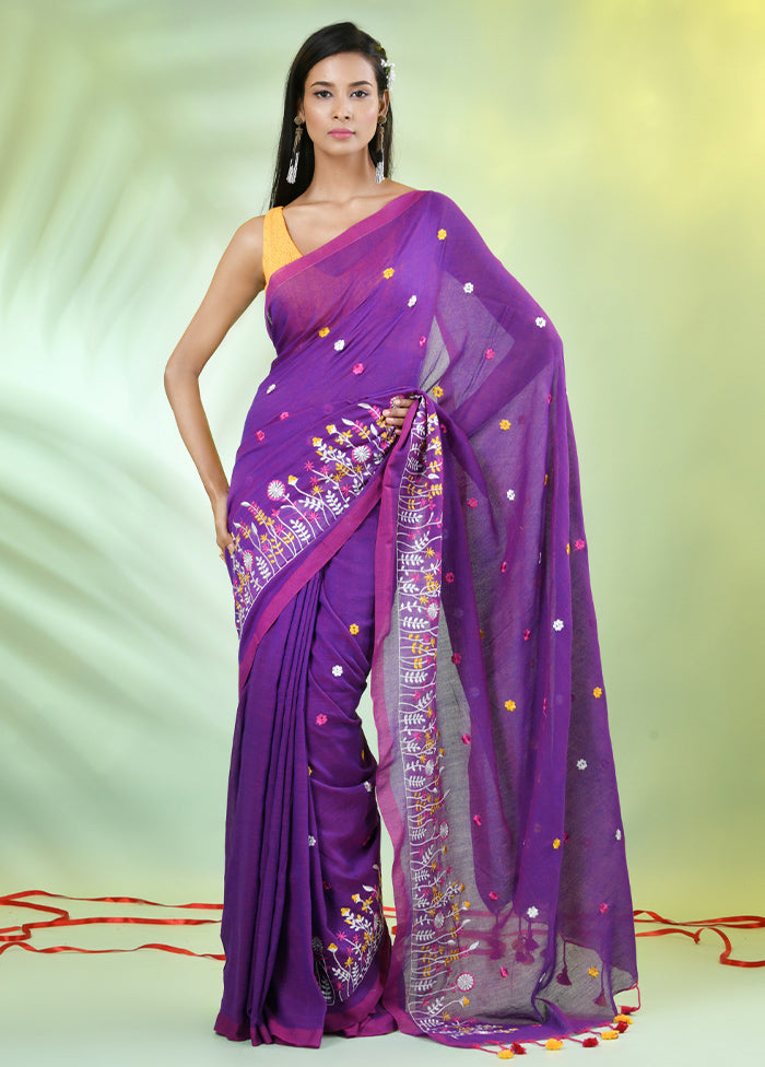 Violet Cotton Saree With Blouse Piece Clearance Amazing Pice