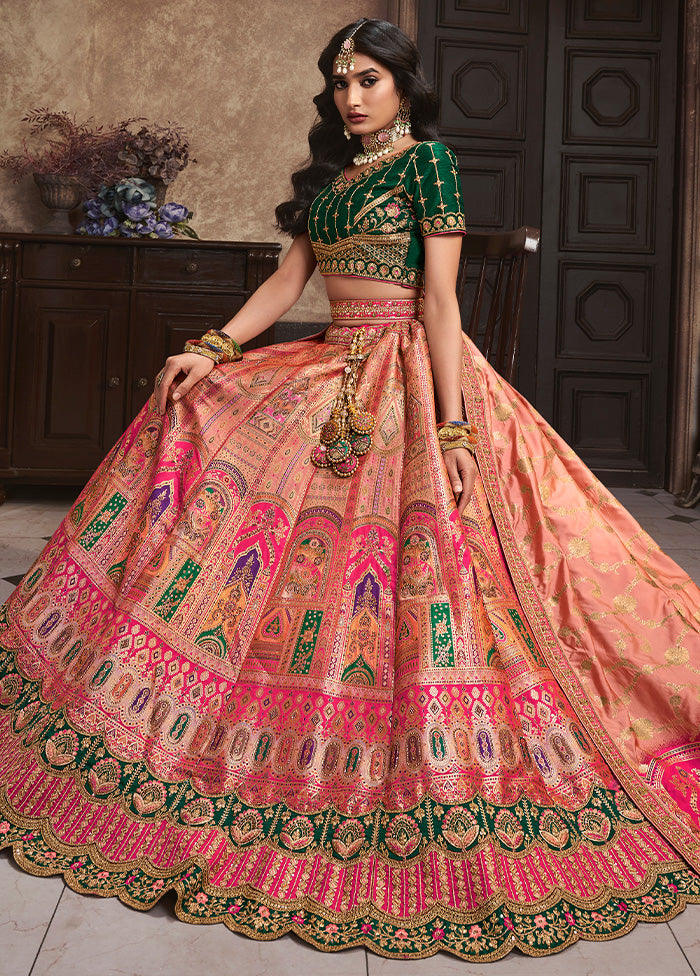 3 Pc Peach Silk Semi Stitched Lehenga Set Latest Cheap Online