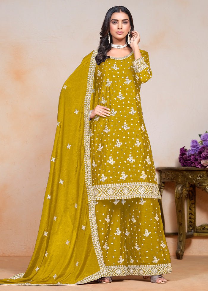 3 Pc Yellow Semi Stitched Silk Suit Set Outlet Genuine