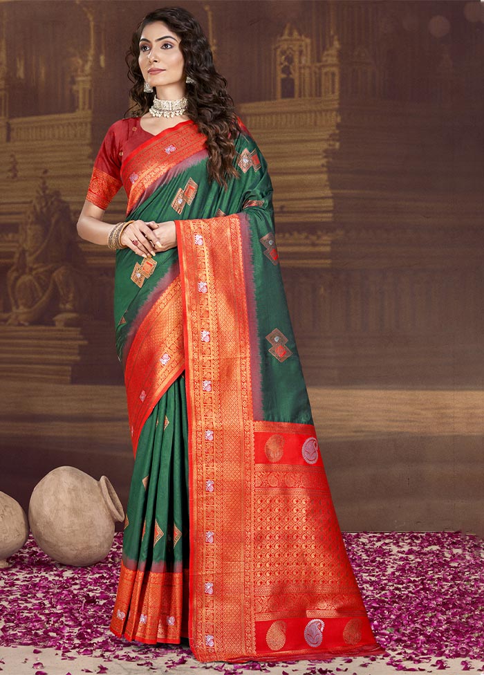 Bottle Green Dupion Silk Saree With Blouse Piece Factory Outlet