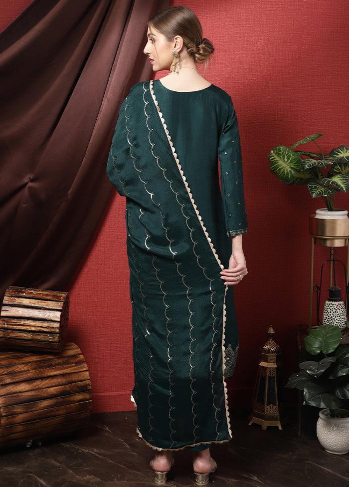 3 Pc Teal Unstitched Silk Suit Set Real Sale Online