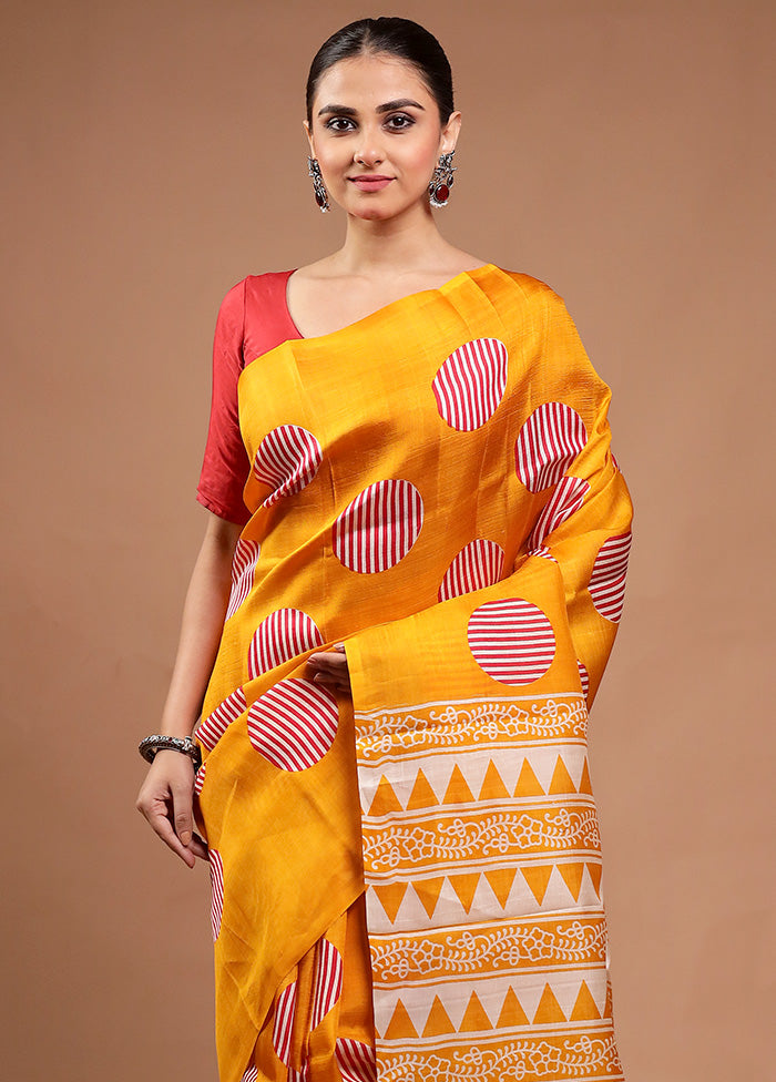 Yellow Printed Pure Silk Saree Without Blouse Piece Cheapest Pice