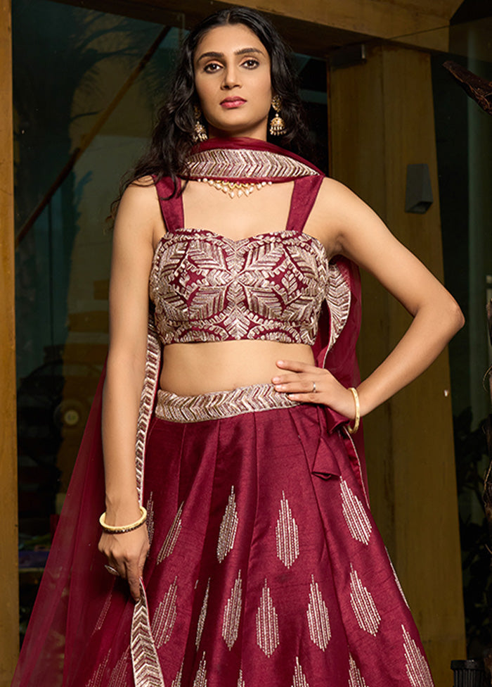 3 Pc Maroon Silk Semi Stitched Lehenga Set Clearance Classic