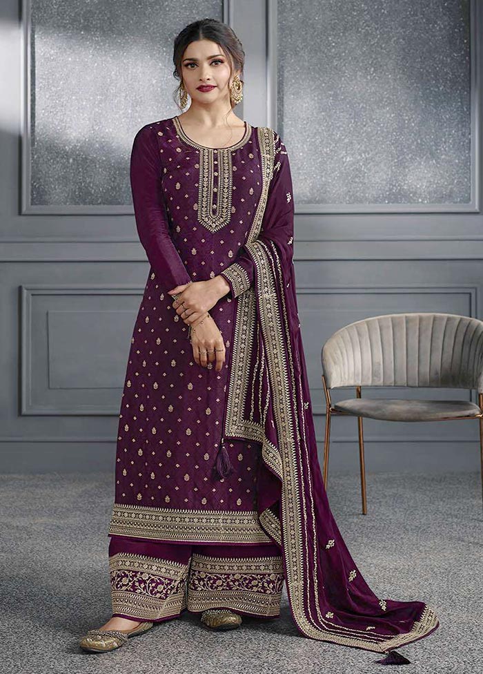 3 Pc Wine Semi Stitched Silk Suit Set Online Online Original