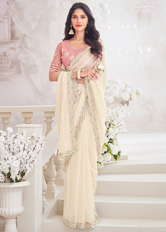 Off White Chiffon Silk Saree With Blouse Piece Popular Cheap Online