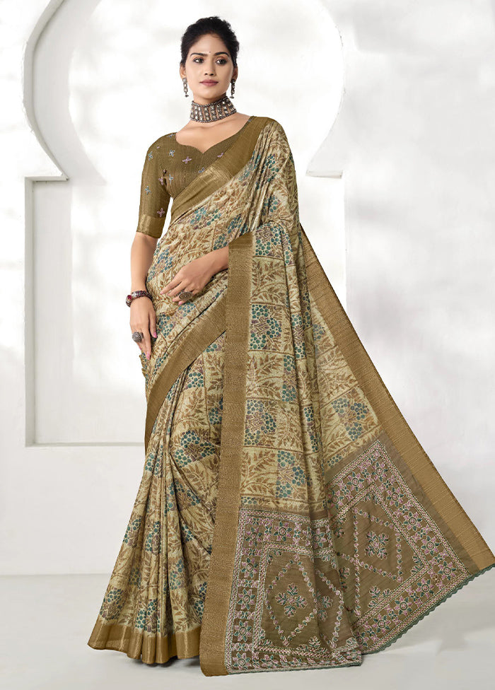 Olive Green Spun Silk Saree With Blouse Piece Fashionable Sale Online