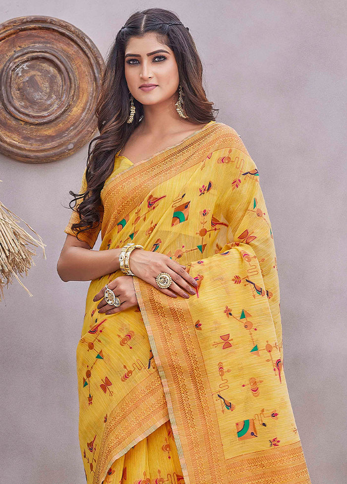 Yellow Linen Silk Saree With Blouse Piece Free Shipping Sale Online