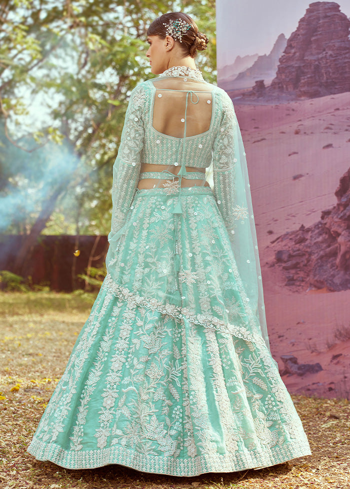 3 Pc Sea Green Silk Semi Stitched Lehenga Set New Arrival For Sale