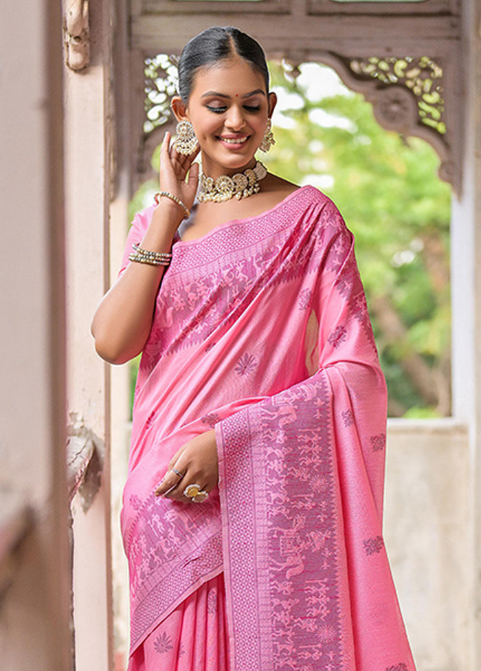 Pink Spun Silk Saree With Blouse Piece Free Shipping 100% Original