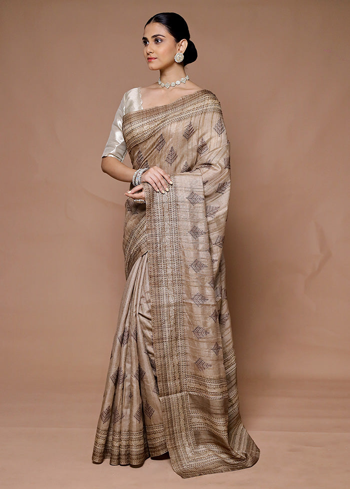 Cream Tussar Silk Saree With Blouse Piece Buy Cheap Recommend