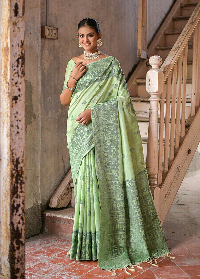 Pista Green Spun Silk Saree With Blouse Piece Free Shipping 2025 Unisex