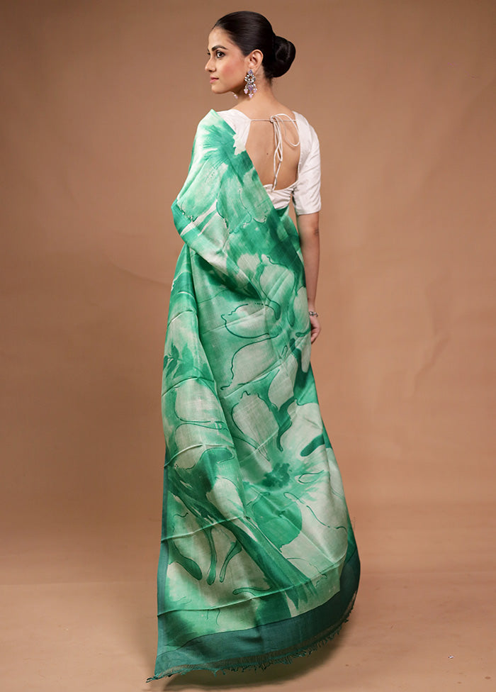 Green Printed Pure Silk Saree Without Blouse Piece Cheap Sale Enjoy