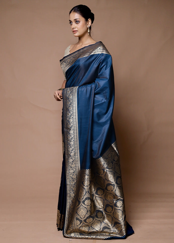 Blue Katan Silk Saree With Blouse Piece Free Shipping High Quality