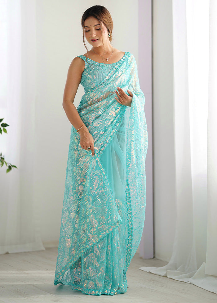 Sky Blue Net Net Saree With Blouse Piece Outlet Amazon