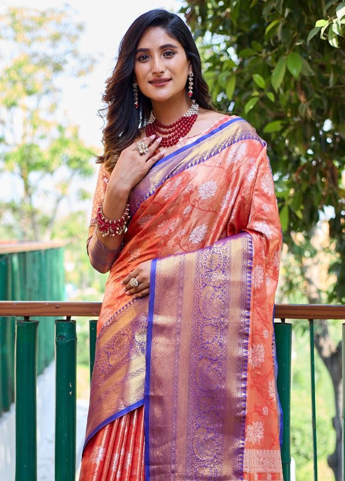 Peach Banarasi Silk Saree With Blouse Piece Big Discount Online