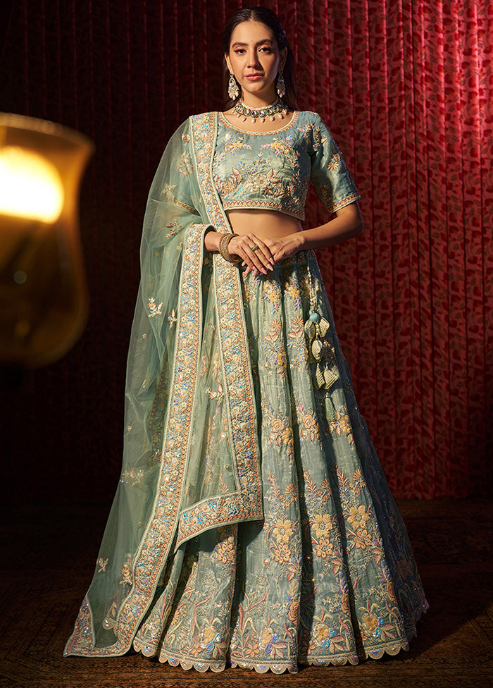 3 Pc Turquoise Silk Semi Stitched Lehenga Set Cheap The Cheapest