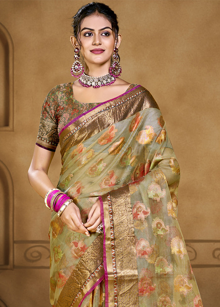 Olive Green Organza Saree With Blouse Piece Quality Free Shipping For Sale