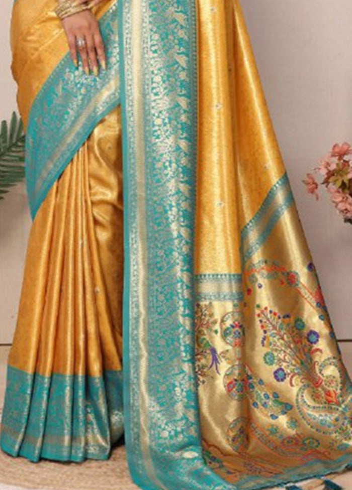 Yellow Banarasi Silk Saree With Blouse Piece Outlet Cheap Quality