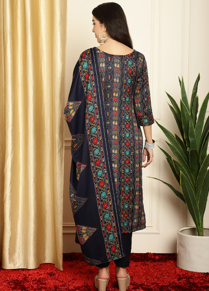 3 Pc Navy Blue Unstitched Pashmina Suit Set Pices Online