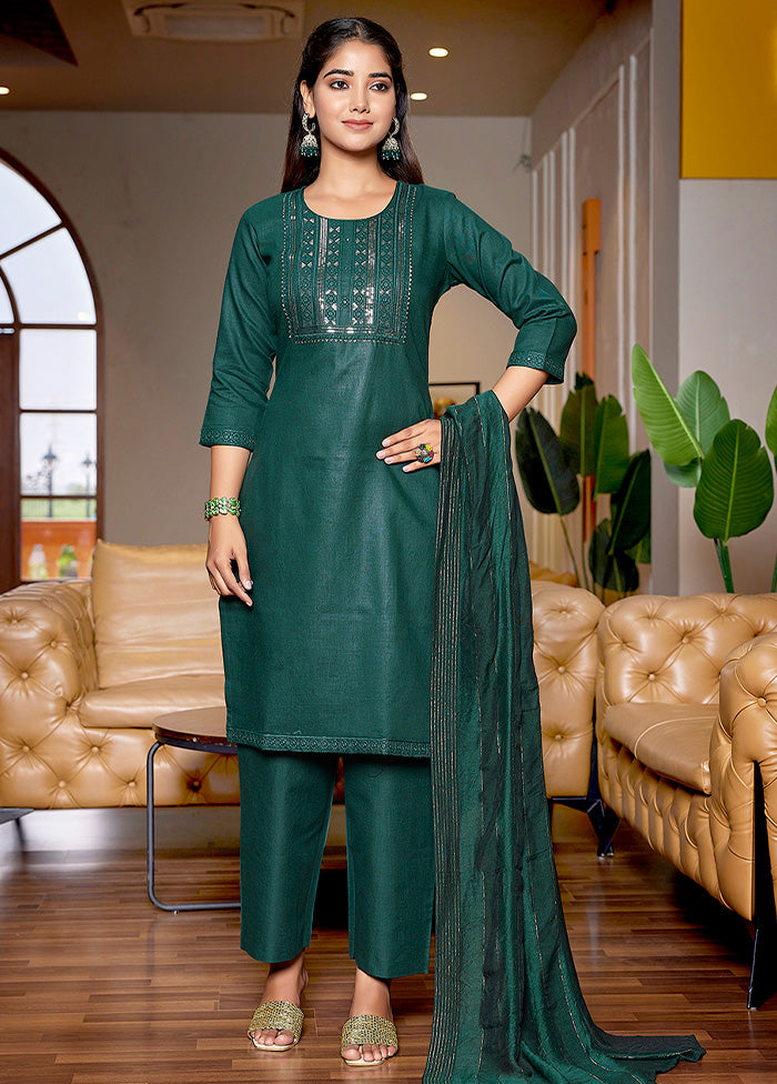 3 Pc Bottle Green Readymade Cotton Suit Set Visit Online