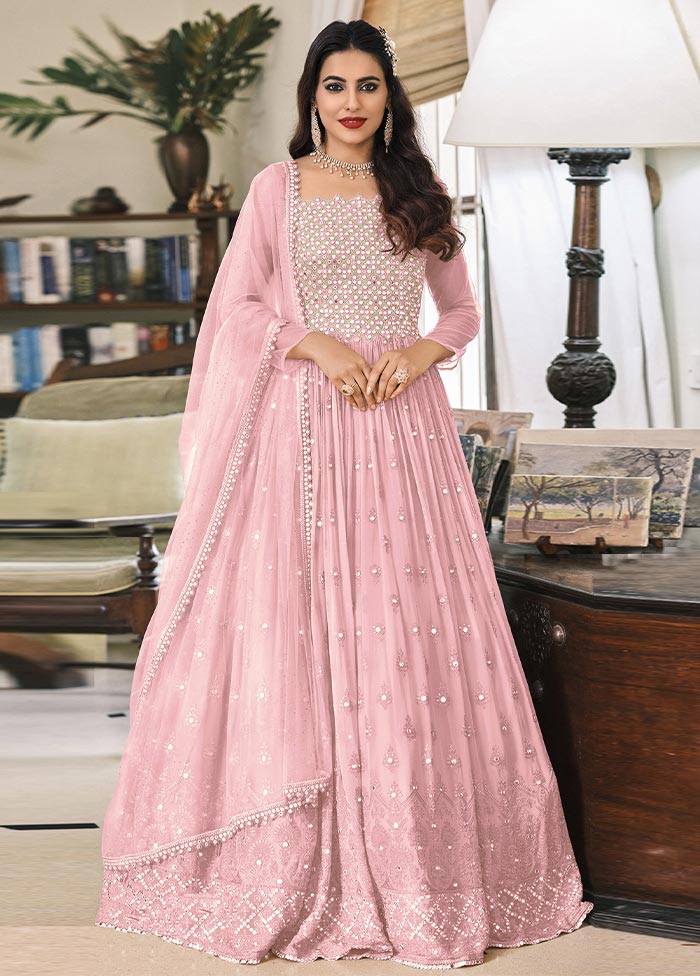 3 Pc Light Pink Semi Stitched Georgette Suit Set Free Shipping Cost