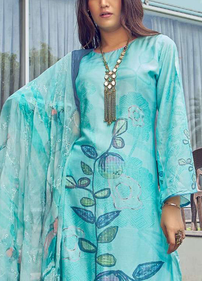 3 Pc Turquoise Semi Stitched Silk Dupatta Suit Set Choice For Sale