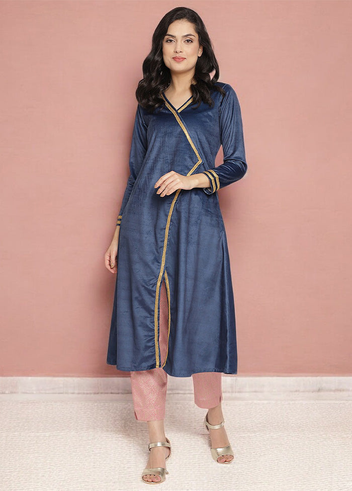 2 Pc Navy Blue Readymade Velvet Kurti Set Stockist Online