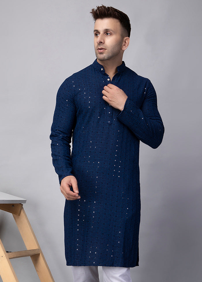 2 Pc Navy Blue Viscose Kurta Pajama Set Sale Clearance