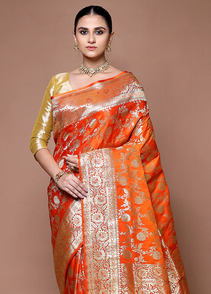 Orange Banarasi Silk Saree With Blouse Piece Get To Buy