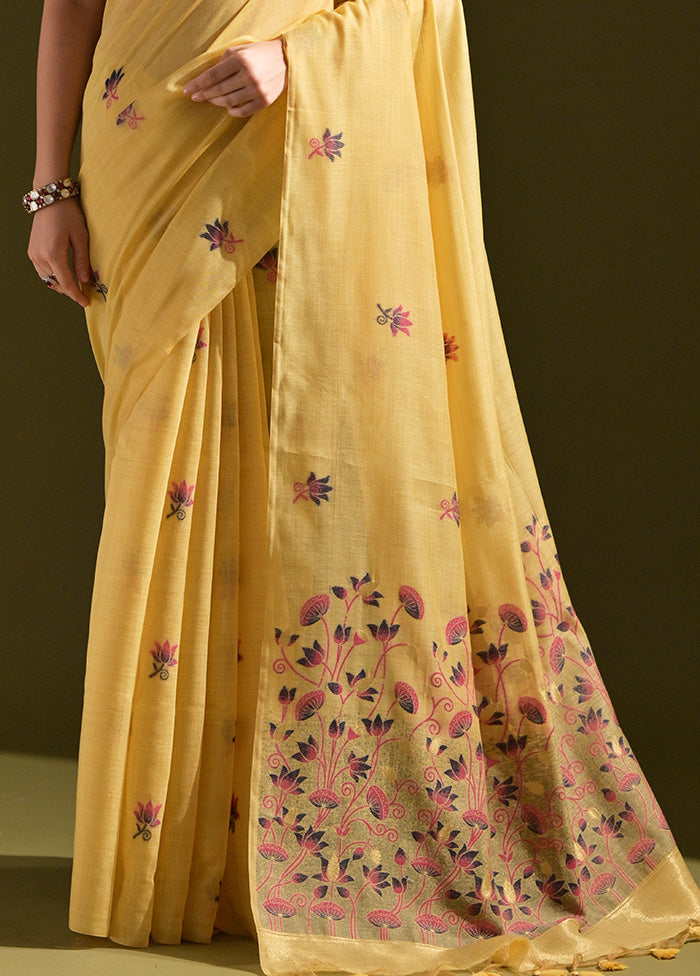 Yellow Pure Cotton Saree With Blouse Piece Outlet Discount Sale