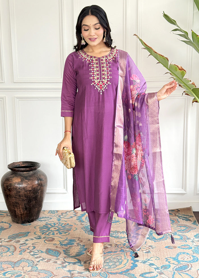 3 Pc Purple Readymade Chanderi Suit Set Free Shipping Browse