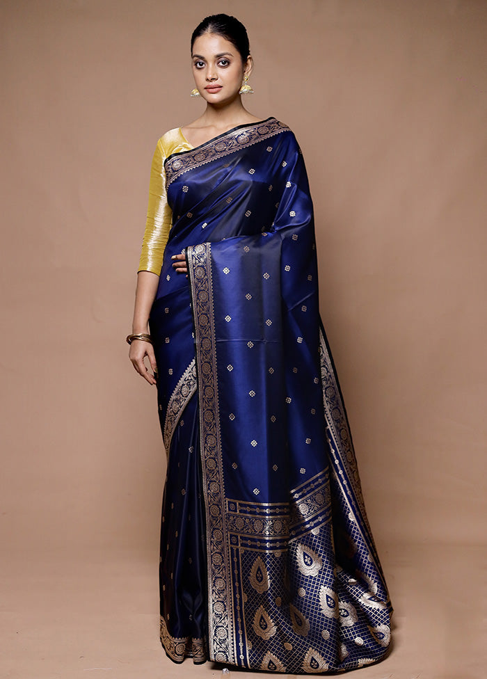 Blue Banarasi Silk Saree With Blouse Piece Clearance Perfect