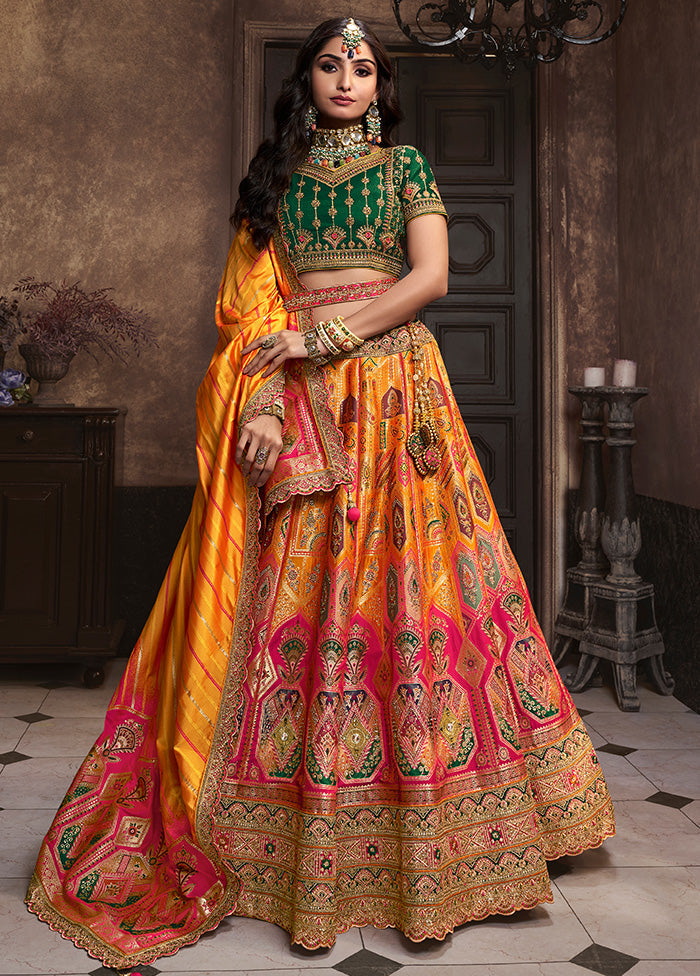 3 Pc Yellow Silk Semi Stitched Lehenga Set Cheap Sale Collections