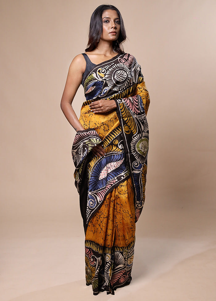 Yellow Printed Pure Silk Saree Without Blouse Piece Cheap Sale Best Pices