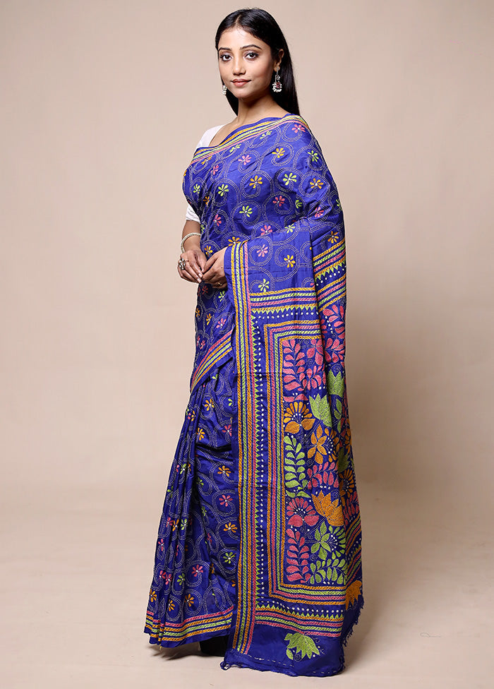 Blue Kantha Stitch Silk Saree With Blouse Piece Online Shop From China