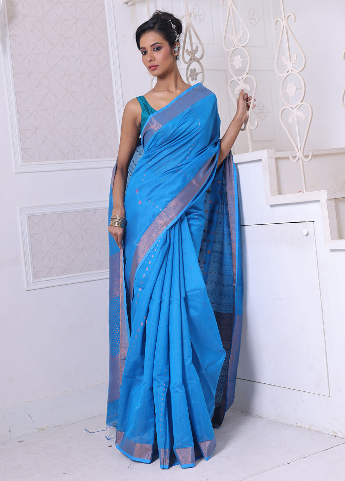 Sky Blue Pure Cotton Saree With Blouse Piece Sale Good Selling