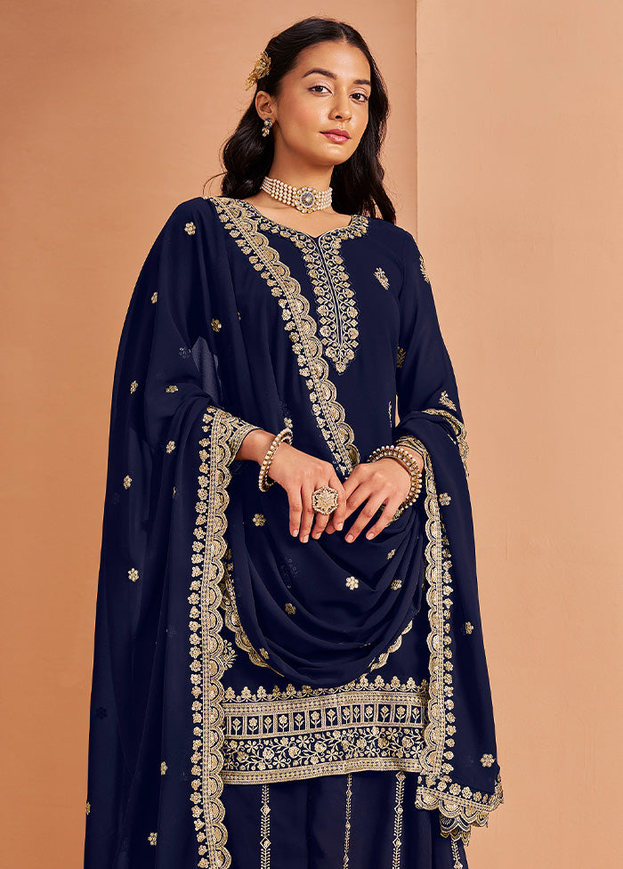 3 Pc Blue Semi Stitched Georgette Suit Set Buy Cheap With Mastercard