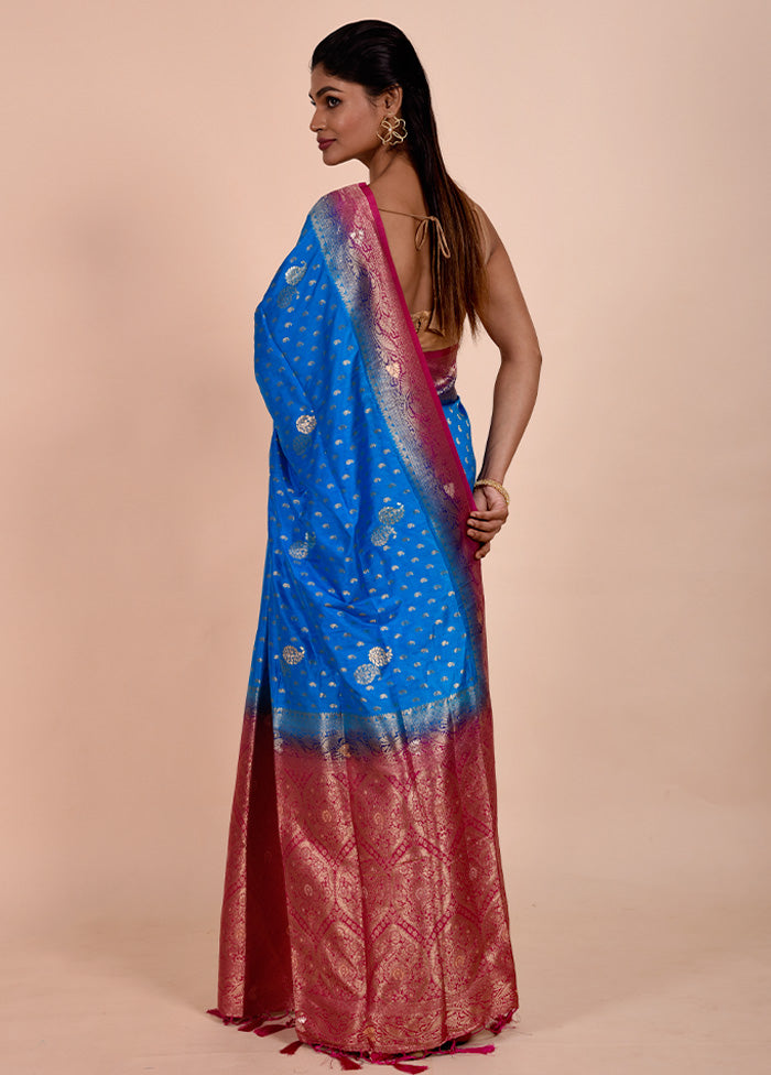 Blue Dupion Silk Saree With Blouse Piece Cheap Sale Many Kinds Of