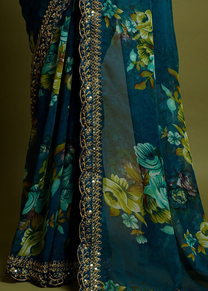 Teal Chiffon Silk Saree With Blouse Piece Pay With Paypal For Sale