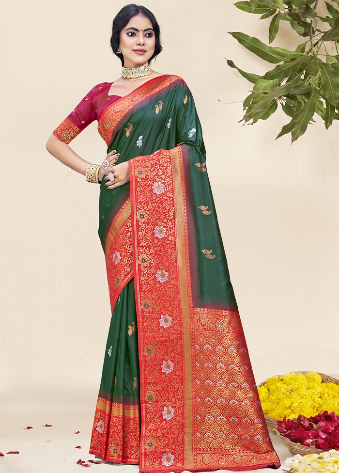 Bottle Green Dupion Silk Saree With Blouse Piece Clearance 100% Guaranteed