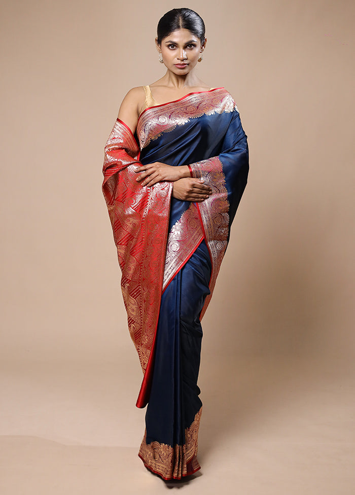 Blue Banarasi Silk Saree With Blouse Piece Best Sale Cheap Pice