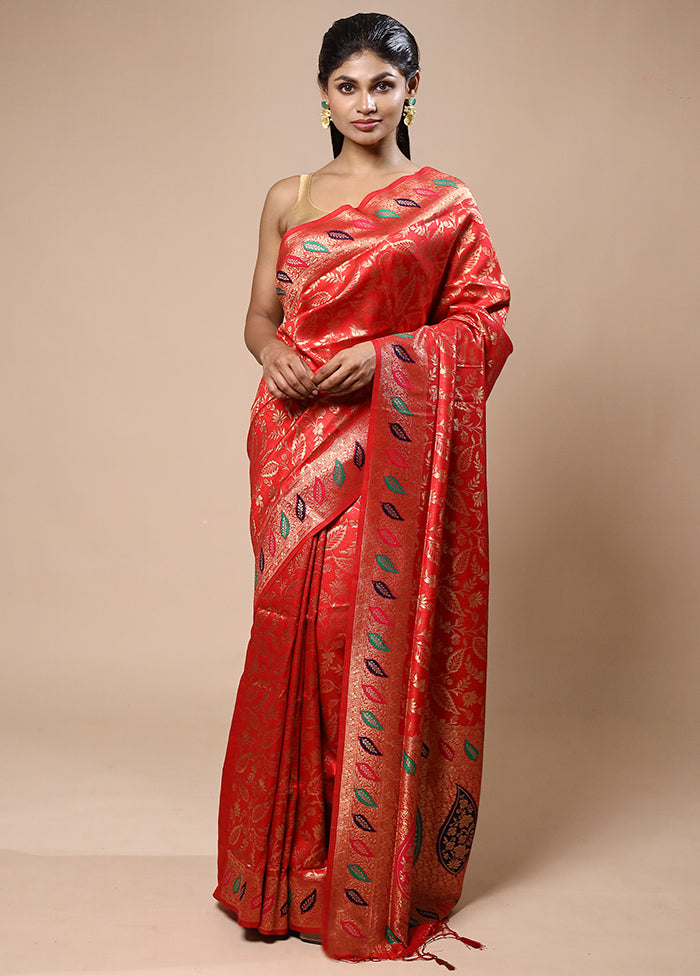 Orange Dupion Silk Saree With Blouse Piece For Sale For Sale