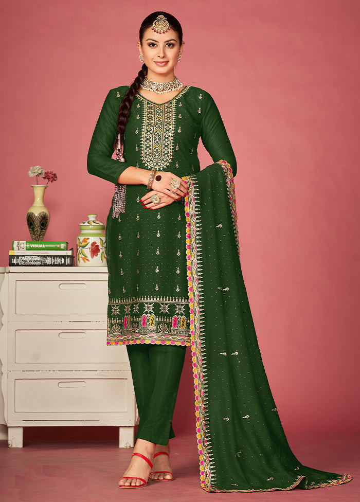 3 Pc Green Semi Stitched Silk Suit Set Discount Exclusive