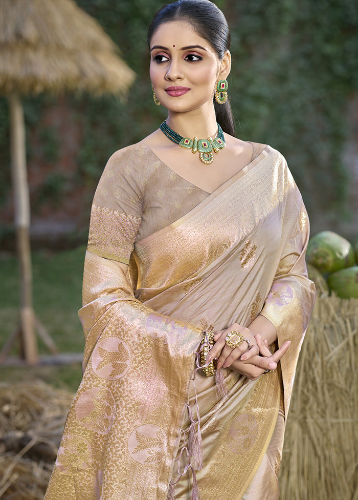 Beige Spun Silk Saree With Blouse Piece Cheap Sale Inexpensive