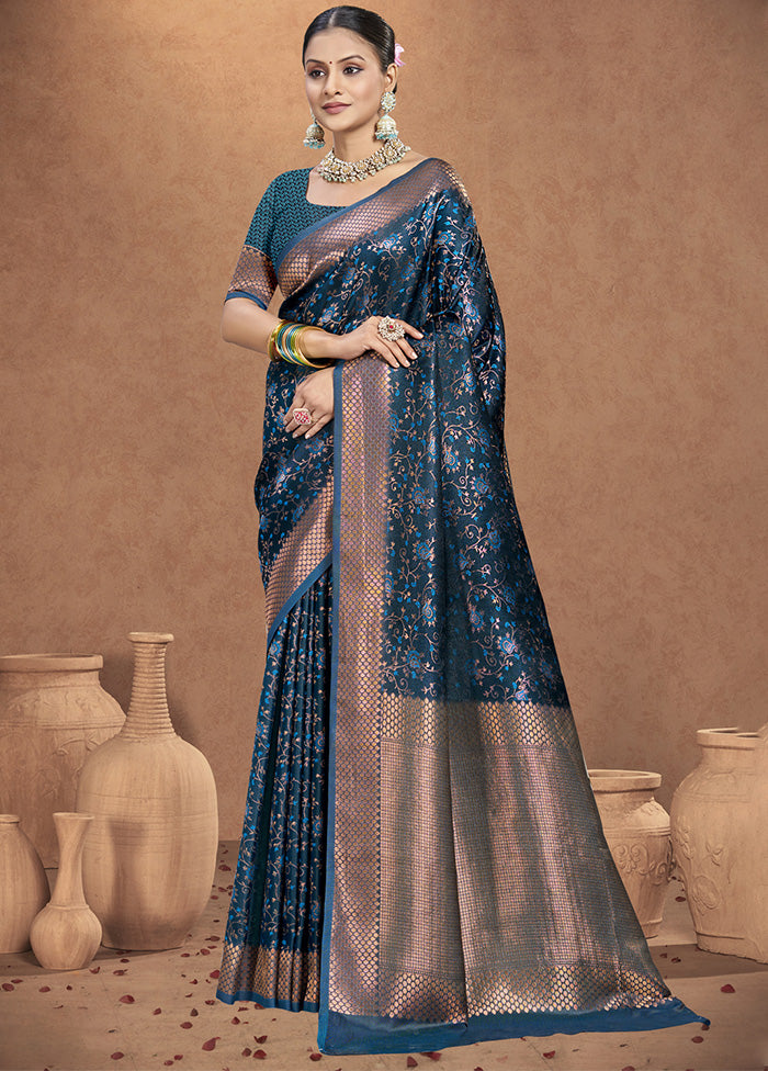 Blue Spun Silk Saree With Blouse Piece Cheap Sale Low Pice